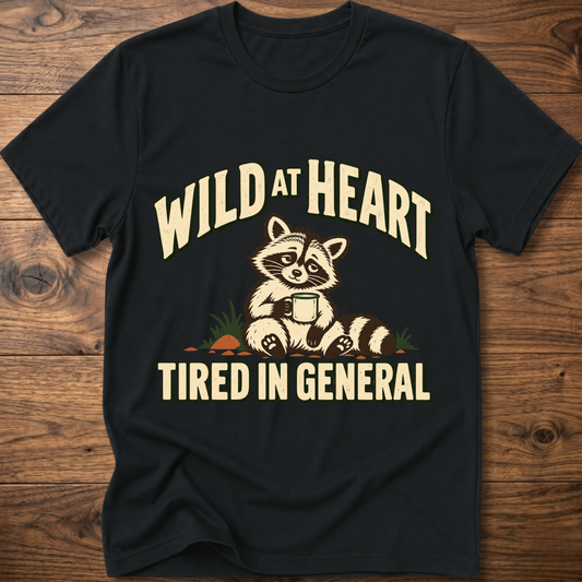 Black crewneck t-shirt with raccoon graphic and “WILD AT HEART” text