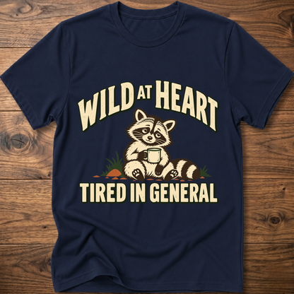 Navy crewneck t-shirt with raccoon graphic and “WILD AT HEART” text