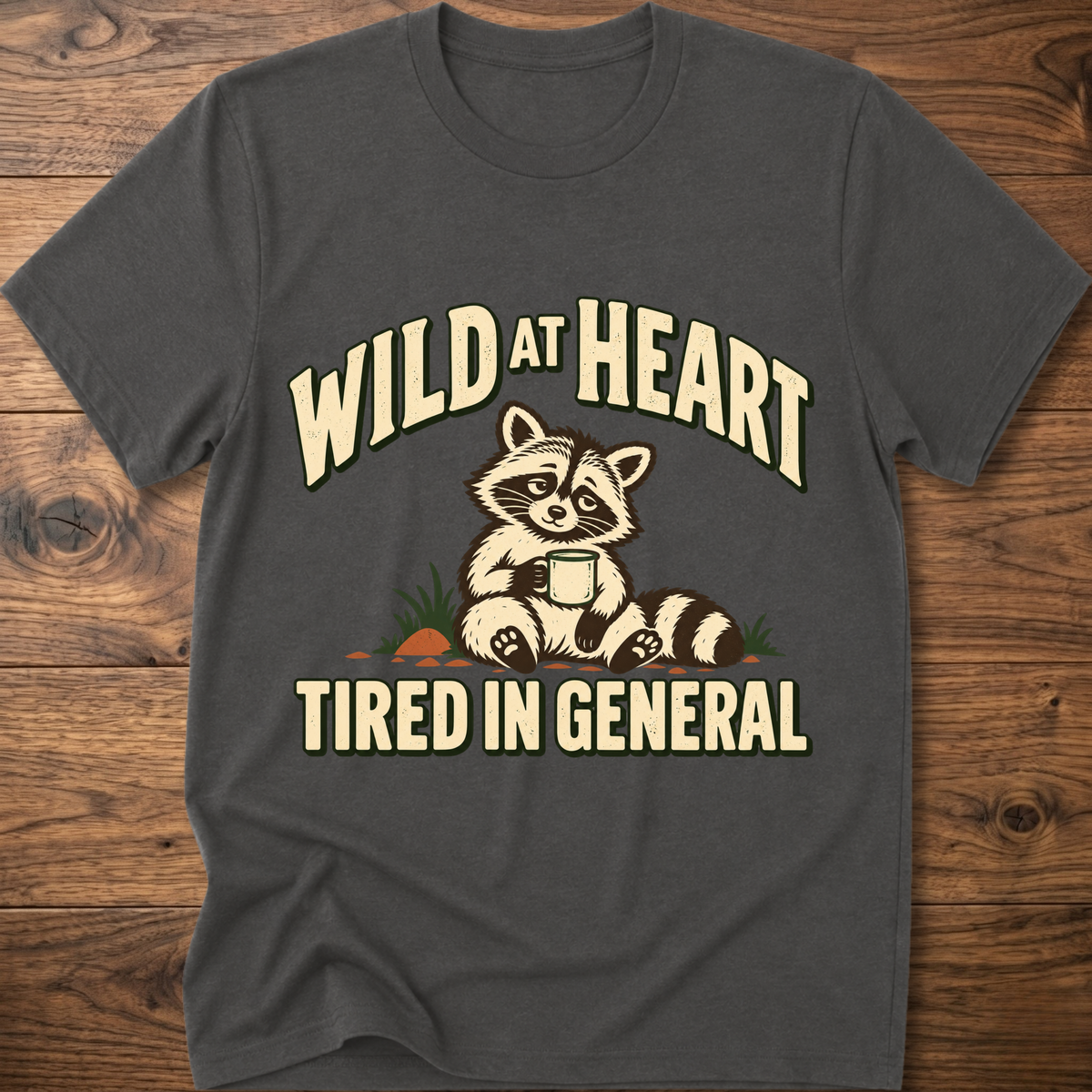 Dark gray crewneck t-shirt with raccoon graphic and “WILD AT HEART” text