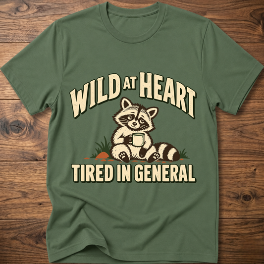 Military green crewneck t-shirt with raccoon graphic and “WILD AT HEART” text