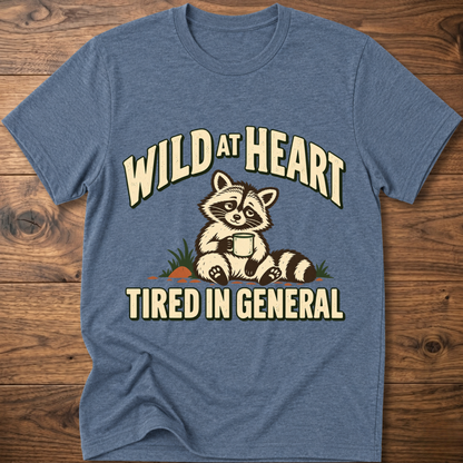 Heather indigo crewneck t-shirt with raccoon graphic and “WILD AT HEART” text