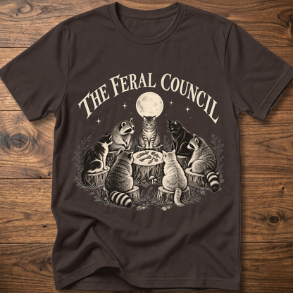 Dark chocolate graphic cat council T-shirt with moon illustration on front