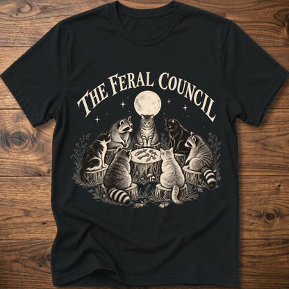 Black graphic cat council T-shirt with moon illustration on front