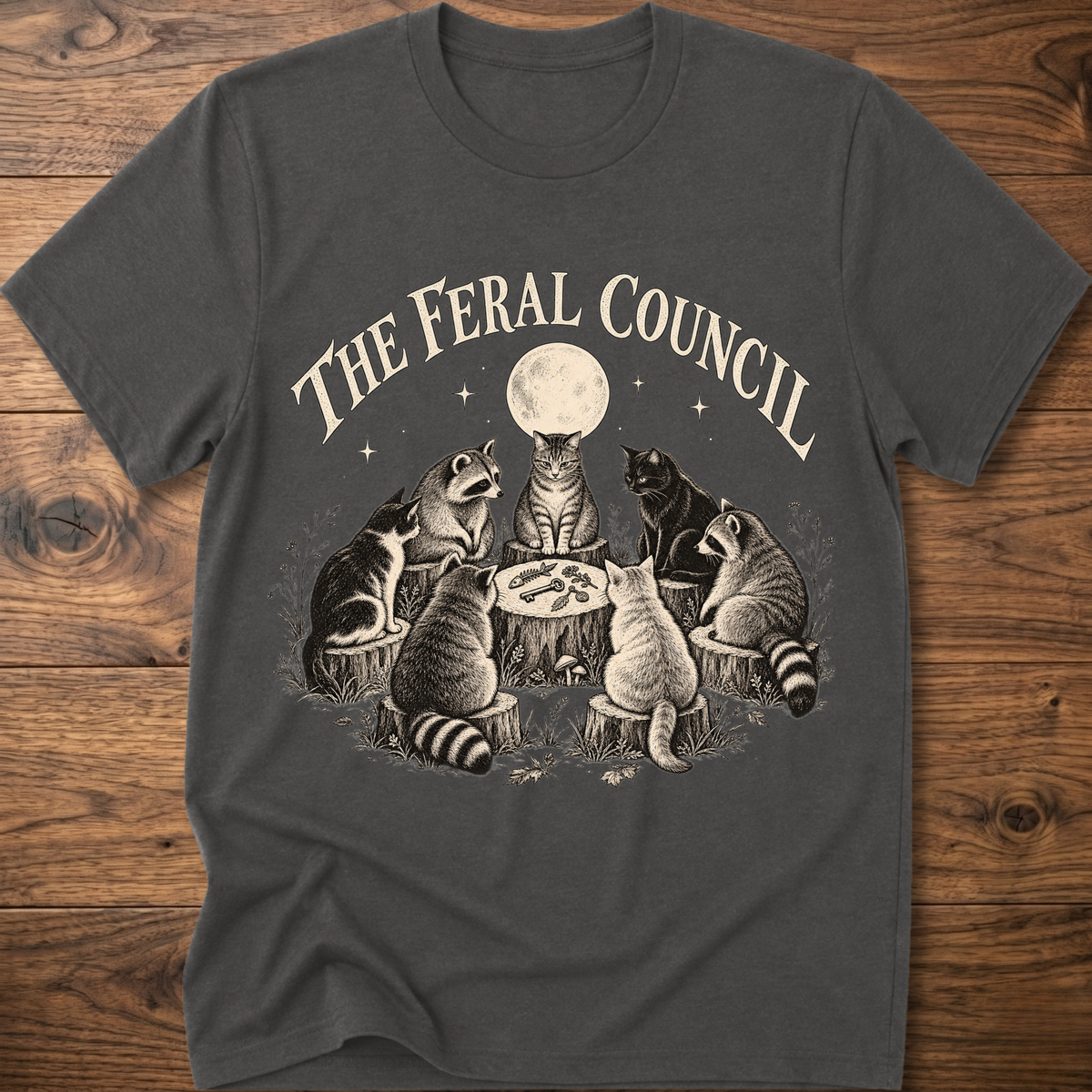 Charcoal graphic cat council T-shirt with moon illustration on front
