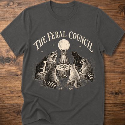 Charcoal graphic cat council T-shirt with moon illustration on front