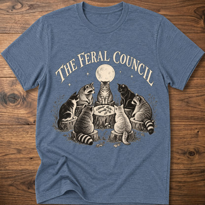 Heather indigo graphic cat council T-shirt with moon illustration on front