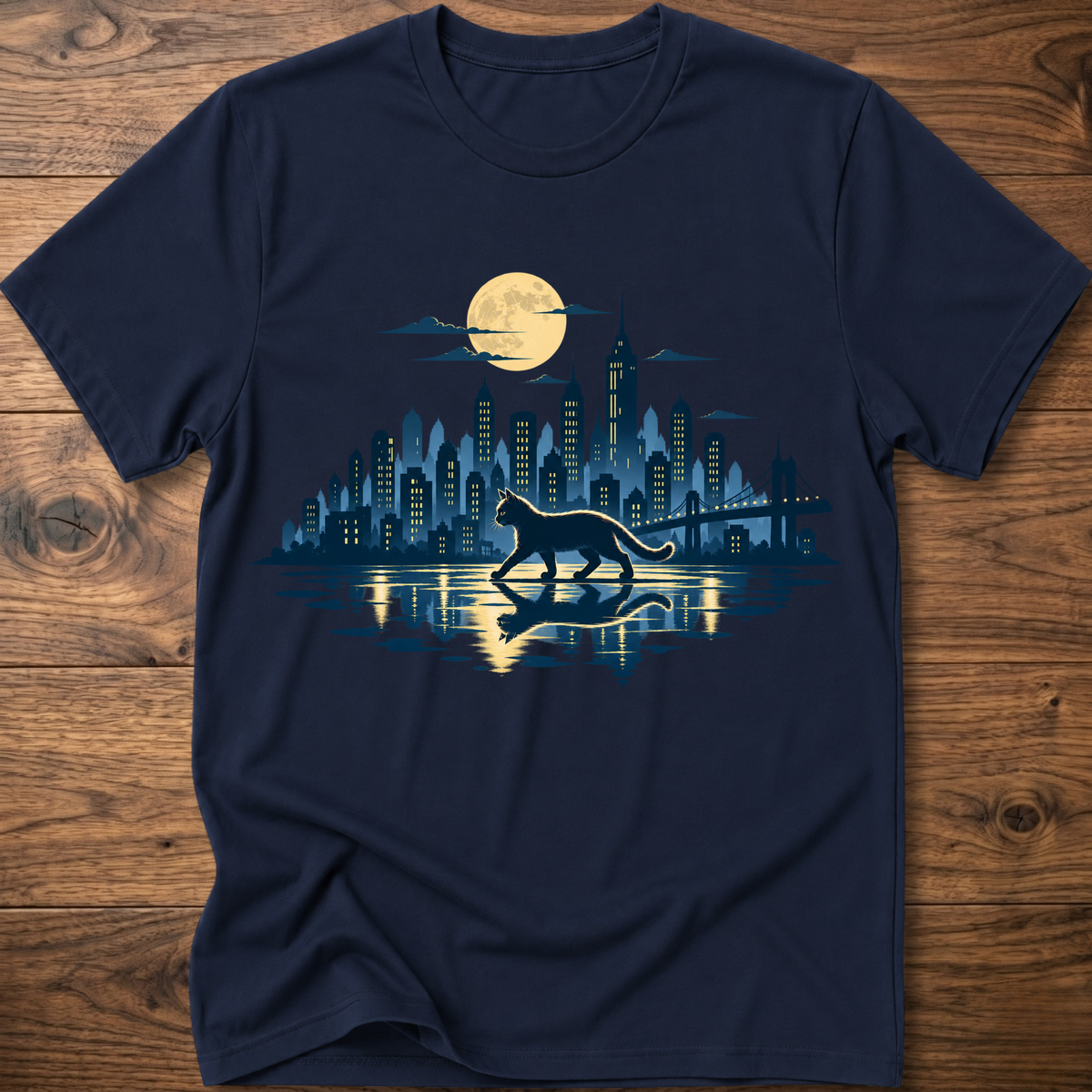 Navy blue short-sleeve T-shirt with cat and city skyline graphic at center