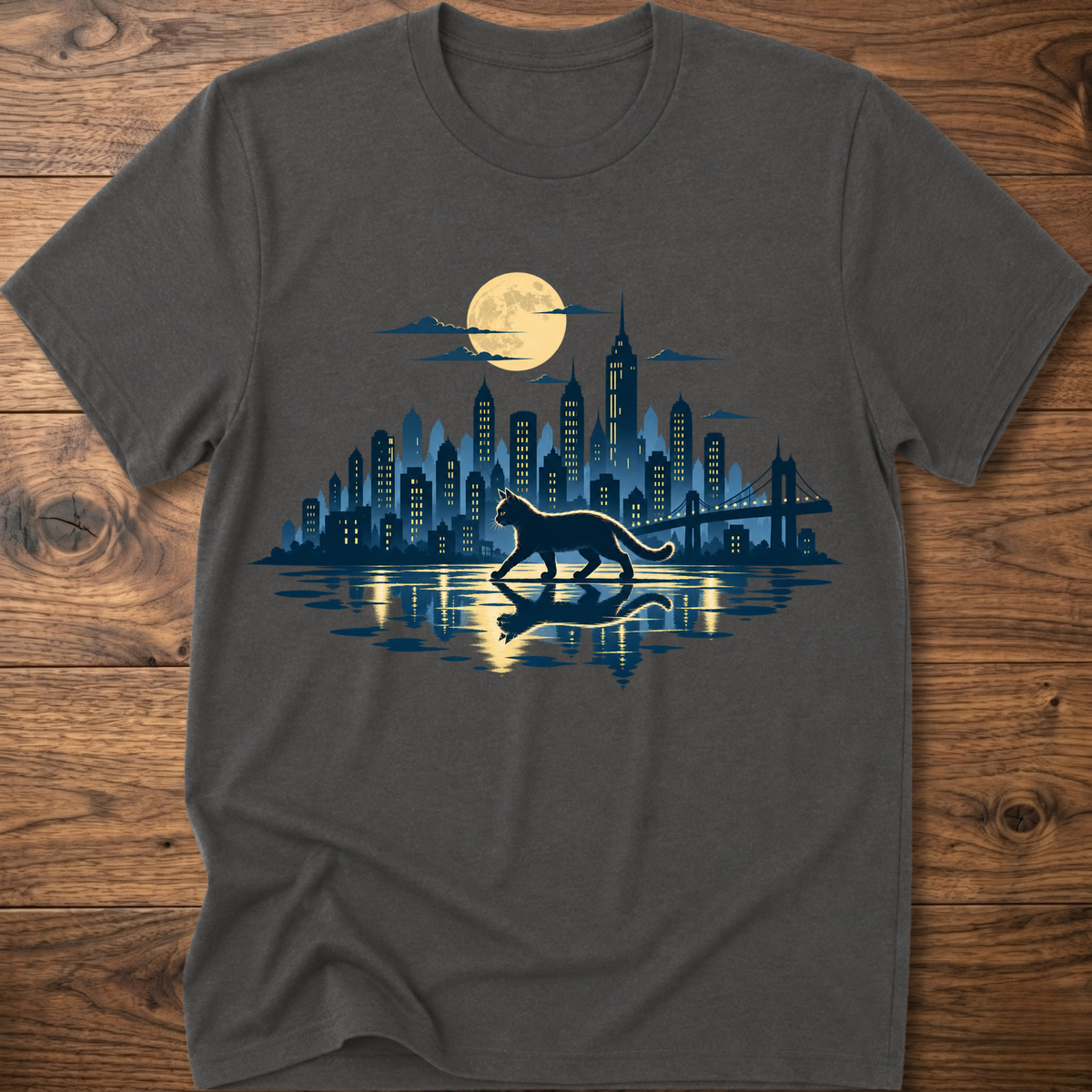 Charcoal gray short-sleeve T-shirt with cat and city skyline graphic at center