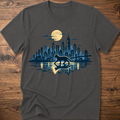 Charcoal gray short-sleeve T-shirt with cat and city skyline graphic at center