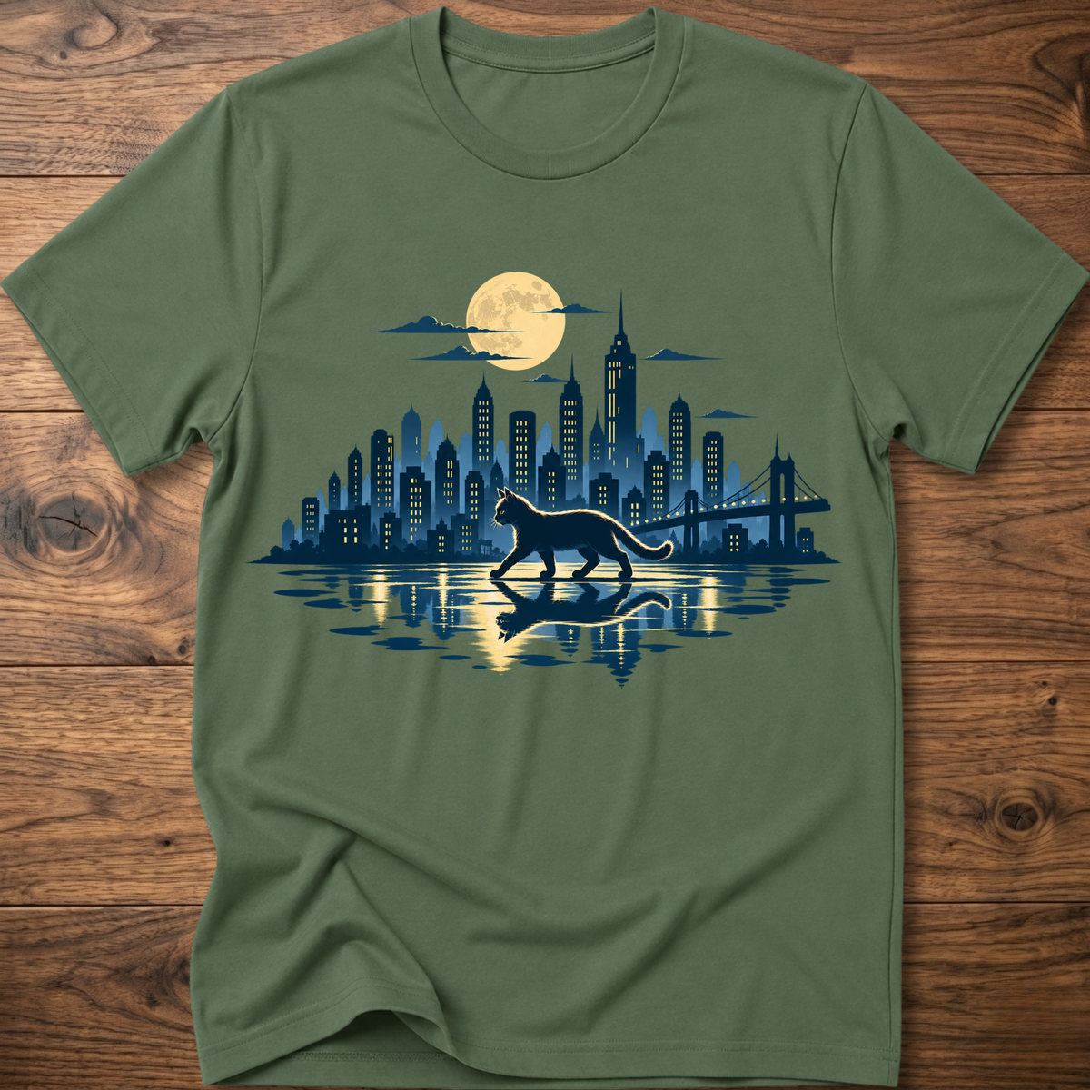 Military green short-sleeve T-shirt with cat and city skyline graphic at center