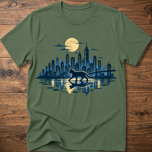 Military green short-sleeve T-shirt with cat and city skyline graphic at center
