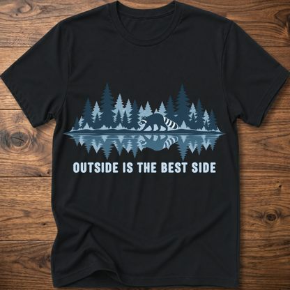 Black crew-neck T-shirt with blue raccoon tree scene graphic and “OUTSIDE IS THE BEST SIDE” text