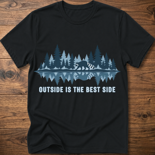 Black crew-neck T-shirt with blue raccoon tree scene graphic and “OUTSIDE IS THE BEST SIDE” text