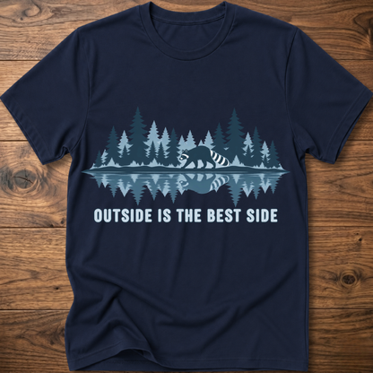 Navy crew-neck T-shirt with blue raccoon tree scene graphic and “OUTSIDE IS THE BEST SIDE” text
