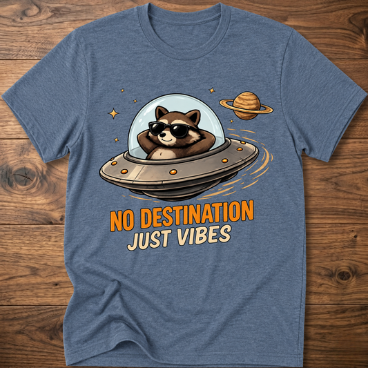 Heather blue raccoon astronaut T-shirt with No destination just vibes front print