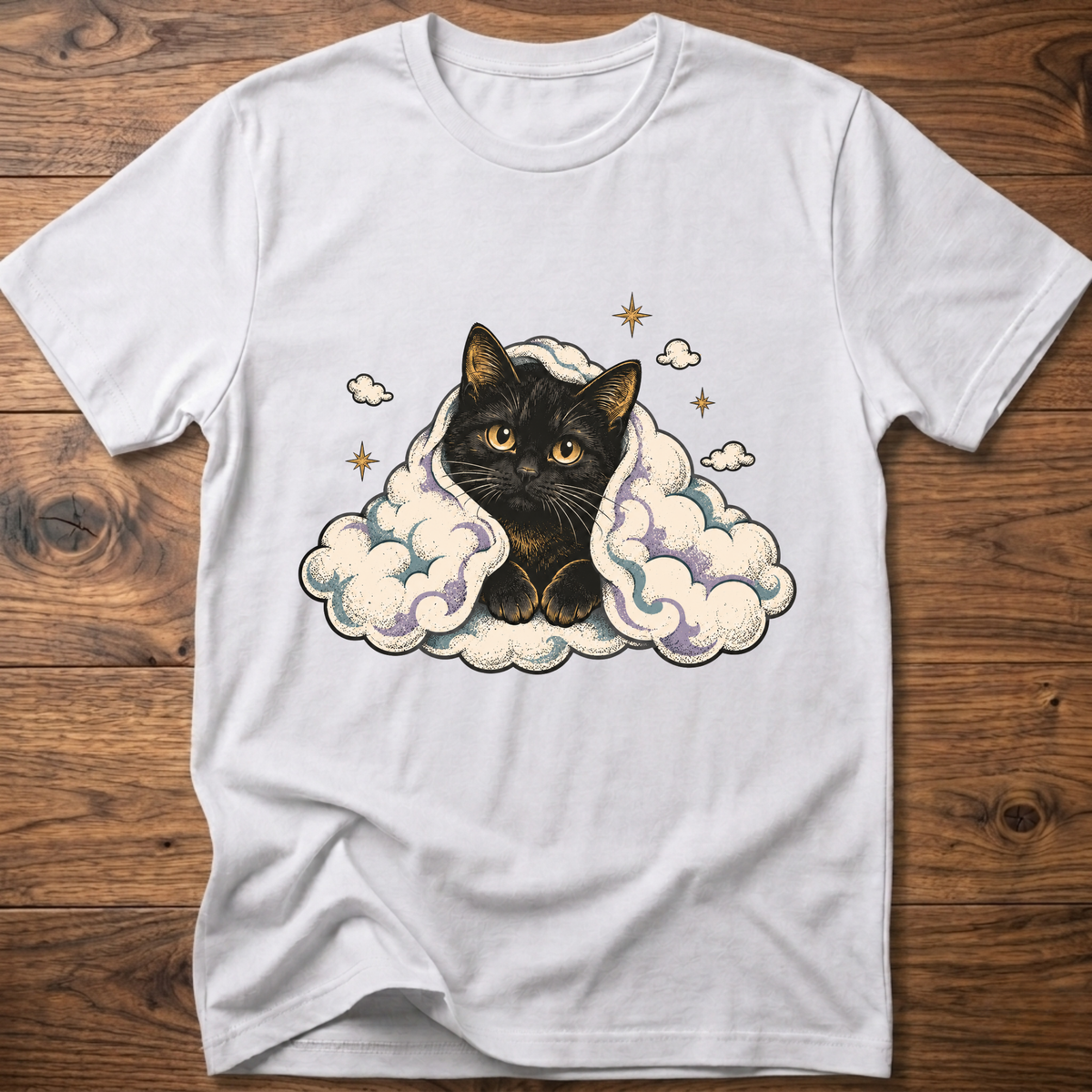 White cat graphic T-shirt with clouds and star accents