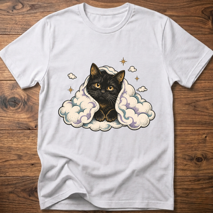 White cat graphic T-shirt with clouds and star accents