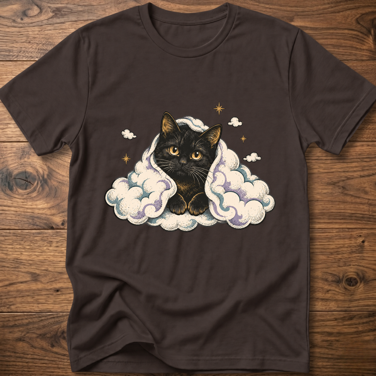 Black cat graphic T-shirt with clouds and star accents