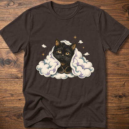 Black cat graphic T-shirt with clouds and star accents
