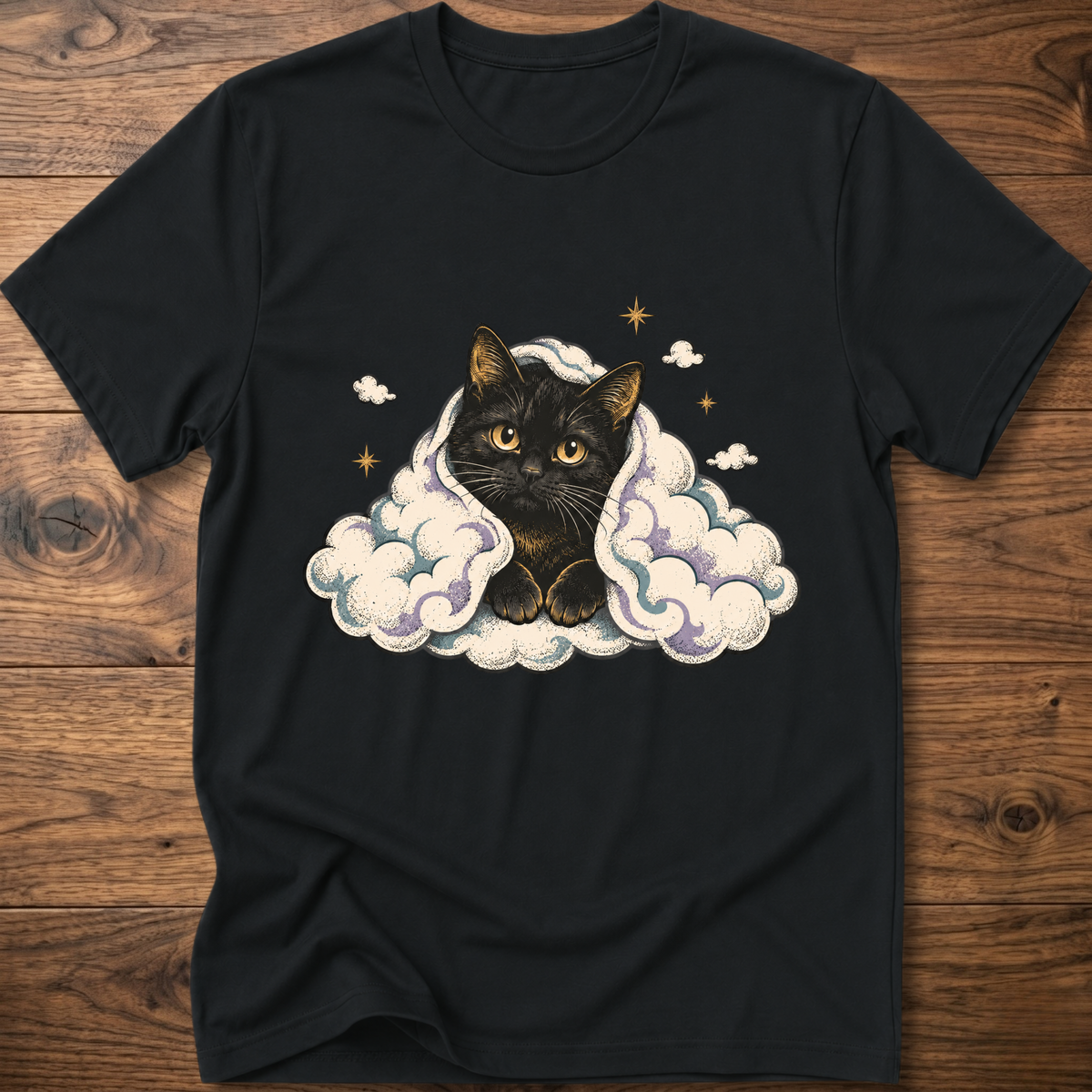 Dark gray cat graphic T-shirt with clouds and star accents