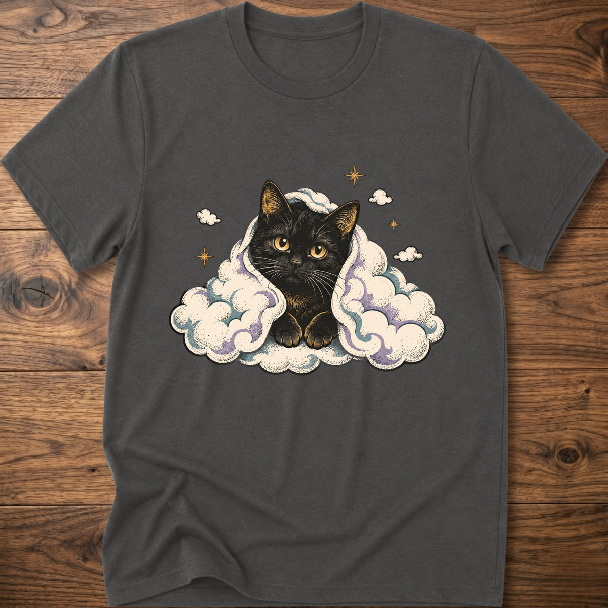 Charcoal cat graphic T-shirt with clouds and star accents