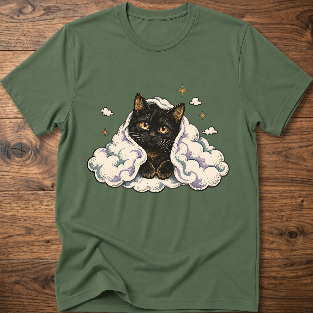 Military green cat graphic T-shirt with clouds and star accents