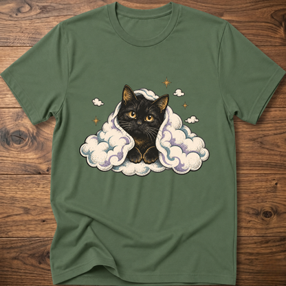 Military green cat graphic T-shirt with clouds and star accents