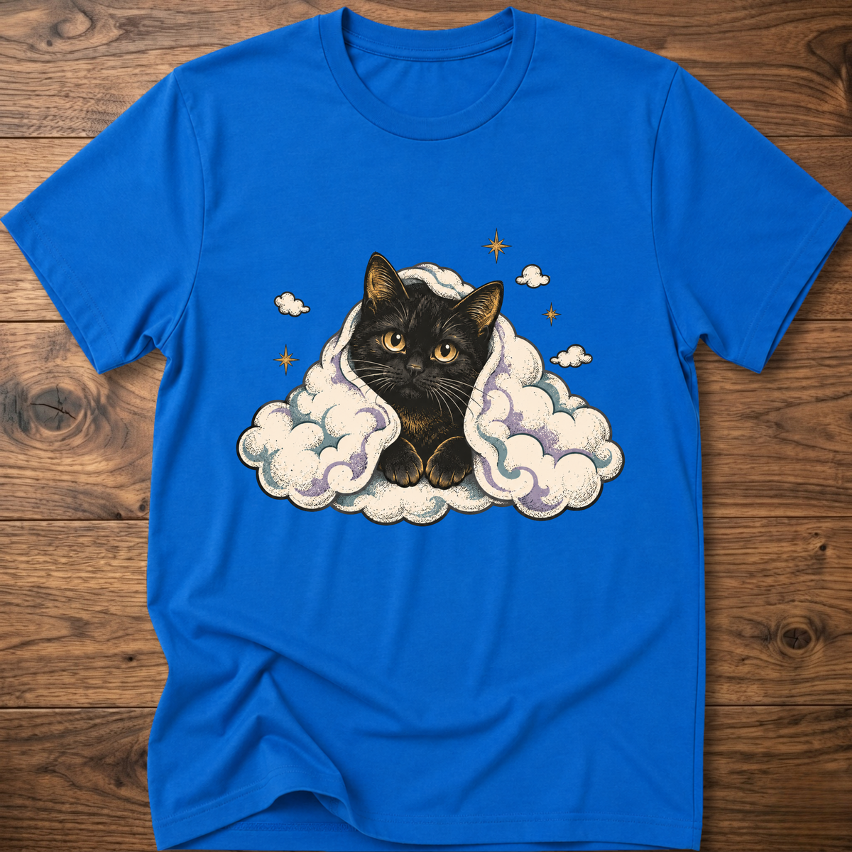 Royal blue cat graphic T-shirt with clouds and star accents