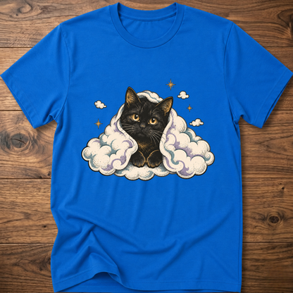 Royal blue cat graphic T-shirt with clouds and star accents