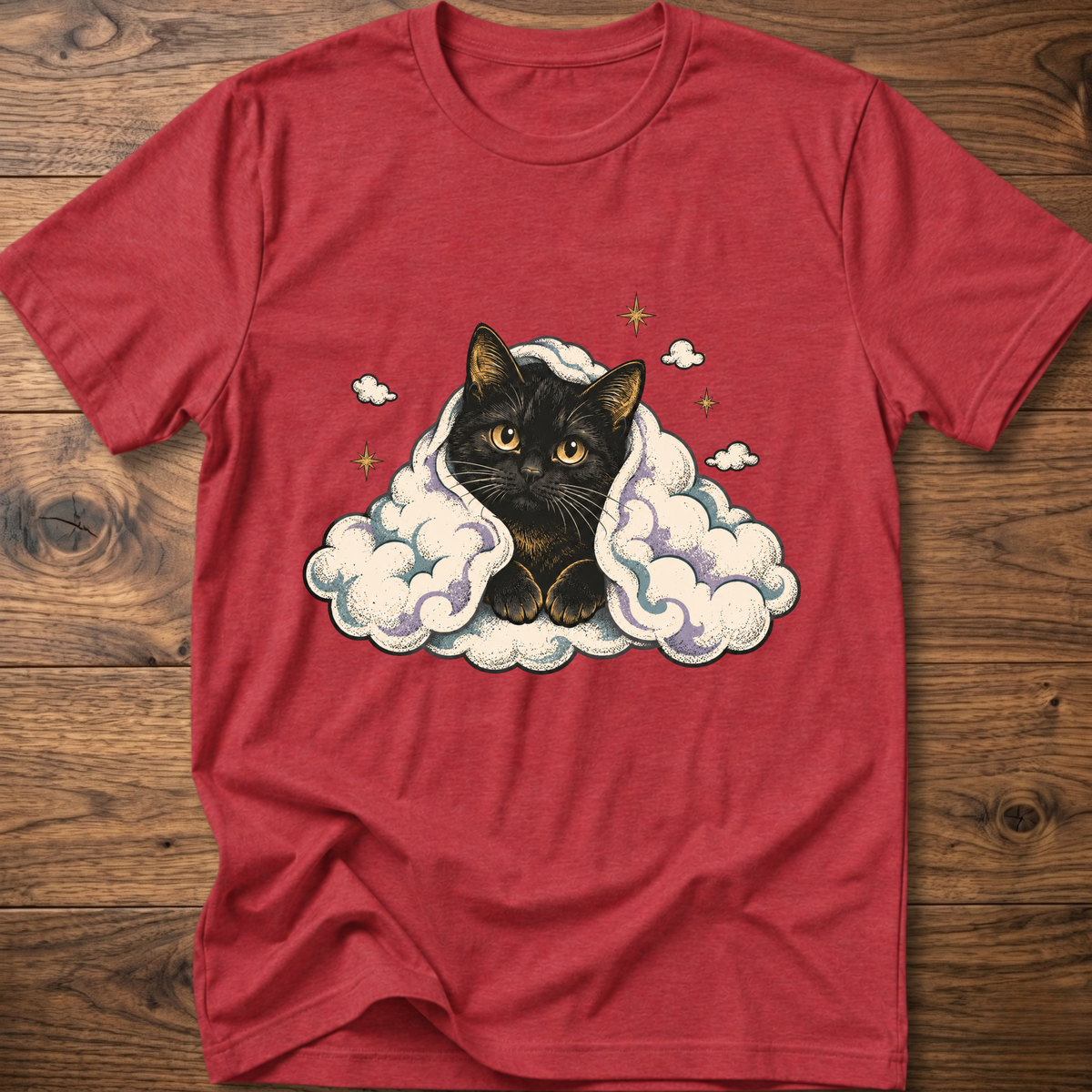 Red cat graphic T-shirt with clouds and star accents