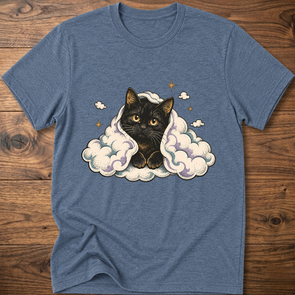 Heather blue cat graphic T-shirt with clouds and star accents