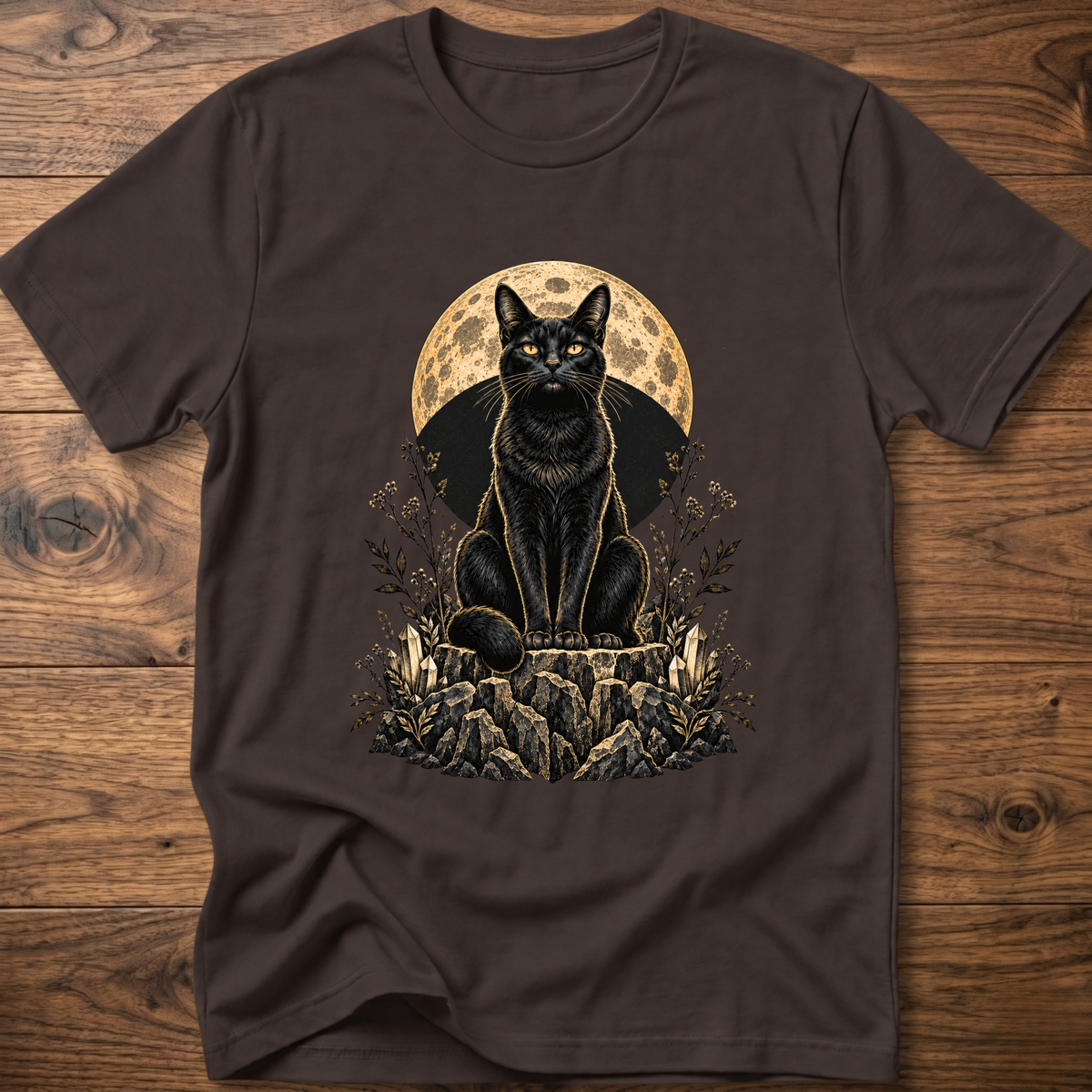 Brown cat graphic T-shirt with moon circle and floral rocks print