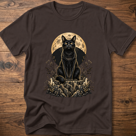 Brown cat graphic T-shirt with moon circle and floral rocks print