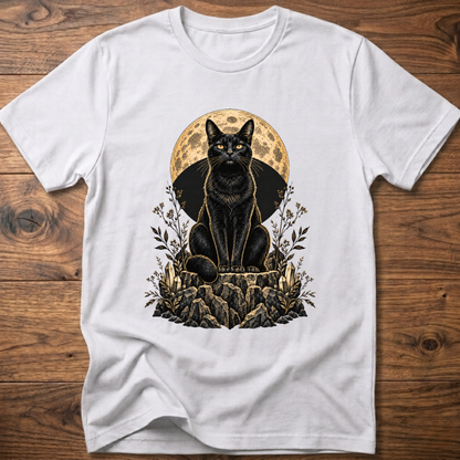 White cat graphic T-shirt with moon circle and floral rocks print
