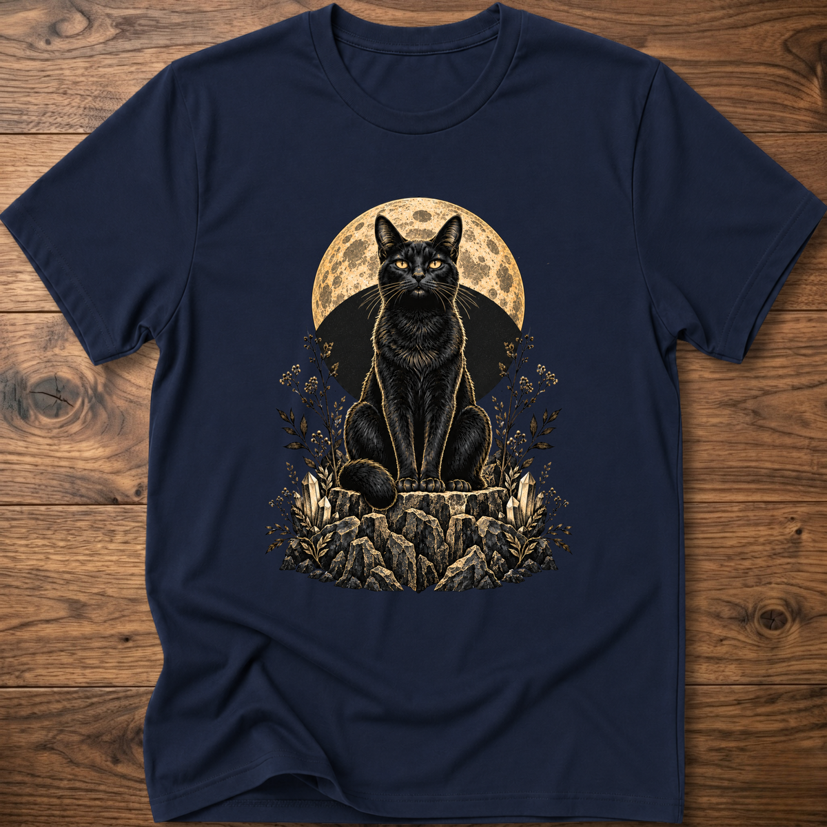 Navy cat graphic T-shirt with moon circle and floral rocks print
