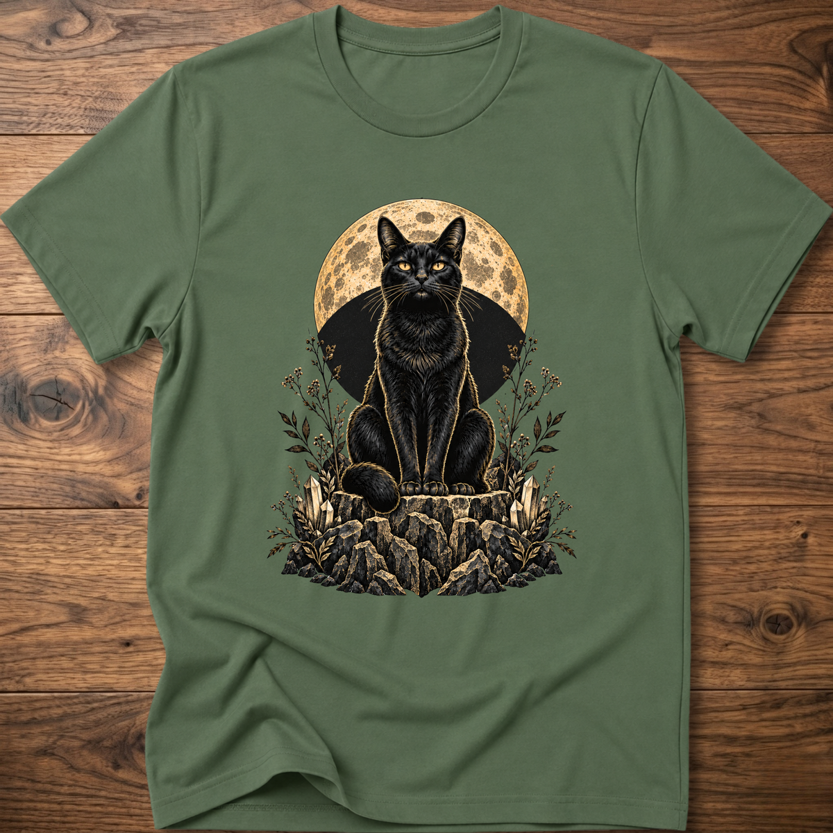 Green cat graphic T-shirt with moon circle and floral rocks print
