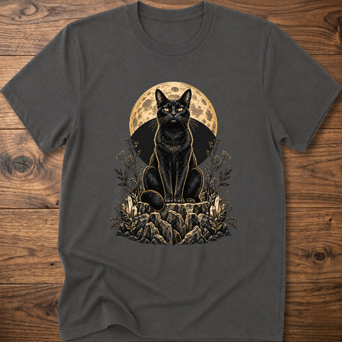 Dark gray cat graphic T-shirt with moon circle and floral rocks print