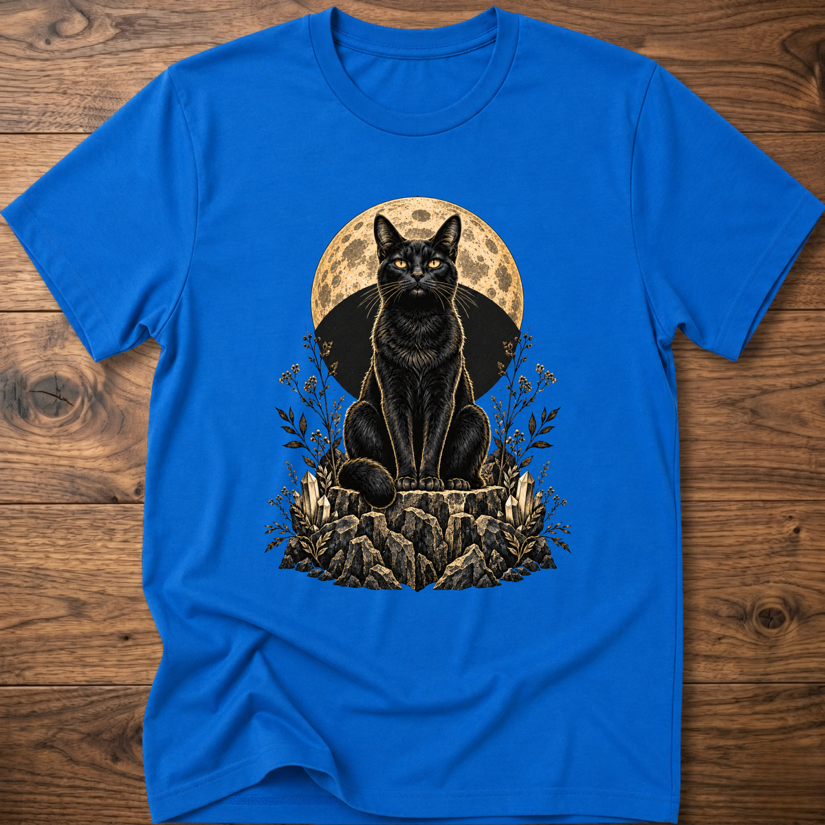 Royal blue cat graphic T-shirt with moon circle and floral rocks print