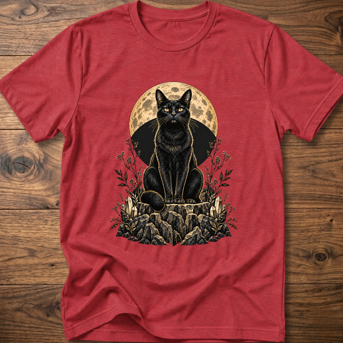Red cat graphic T-shirt with moon circle and floral rocks print