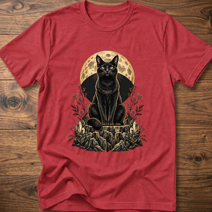 Red cat graphic T-shirt with moon circle and floral rocks print
