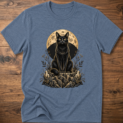 Blue cat graphic T-shirt with moon circle and floral rocks print
