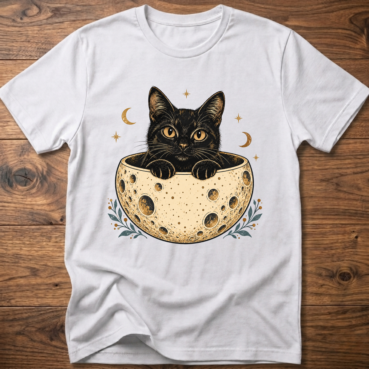 White cat graphic t-shirt, crew neck short sleeve with cat peeking from moon bowl