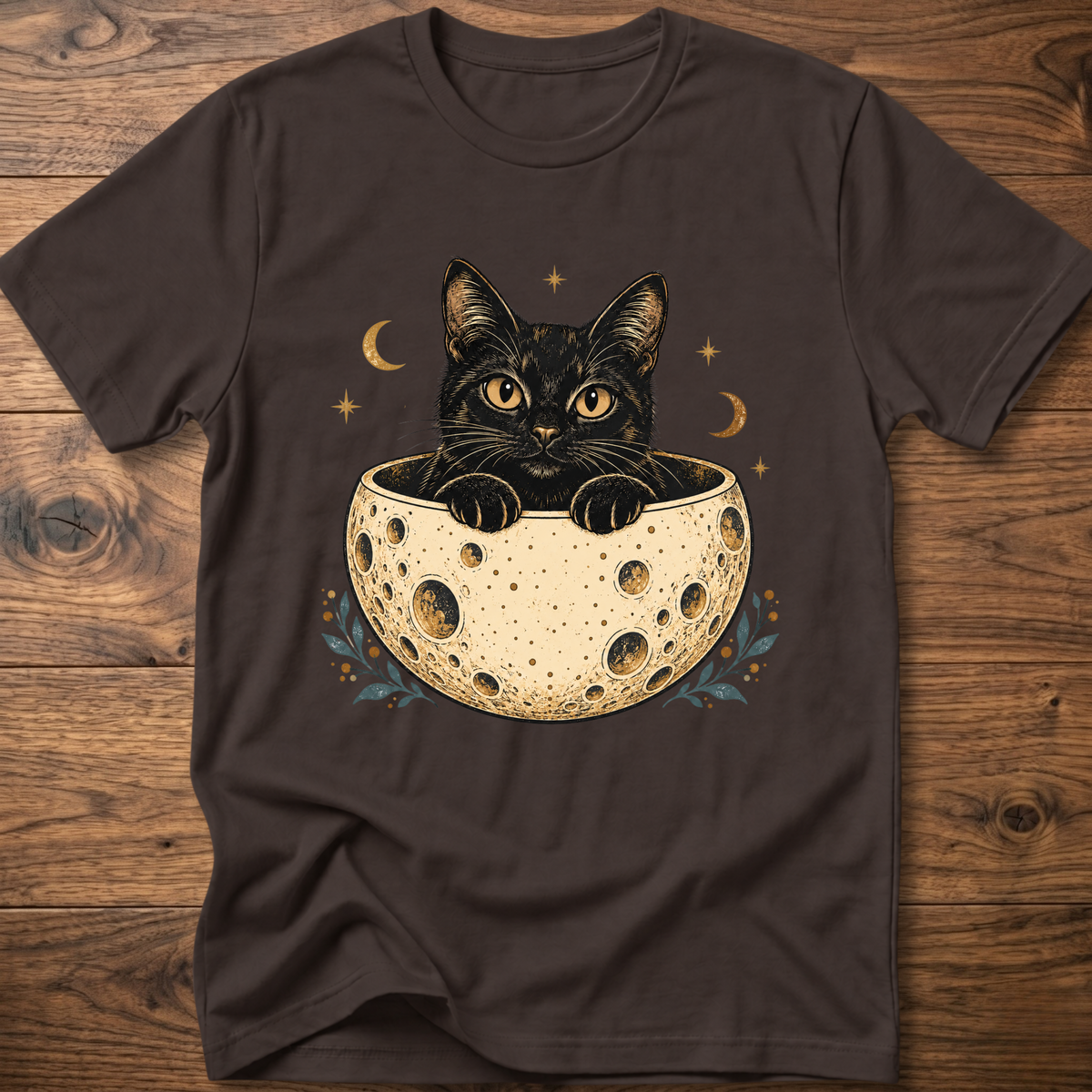 Charcoal cat graphic t-shirt, crew neck short sleeve with cat peeking from moon bowl