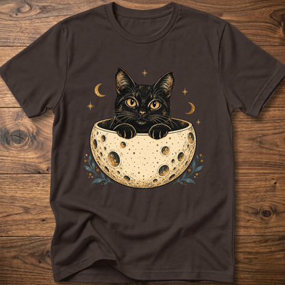 Charcoal cat graphic t-shirt, crew neck short sleeve with cat peeking from moon bowl