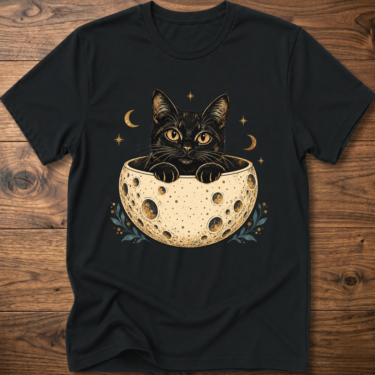 Black cat graphic t-shirt, crew neck short sleeve with cat peeking from moon bowl