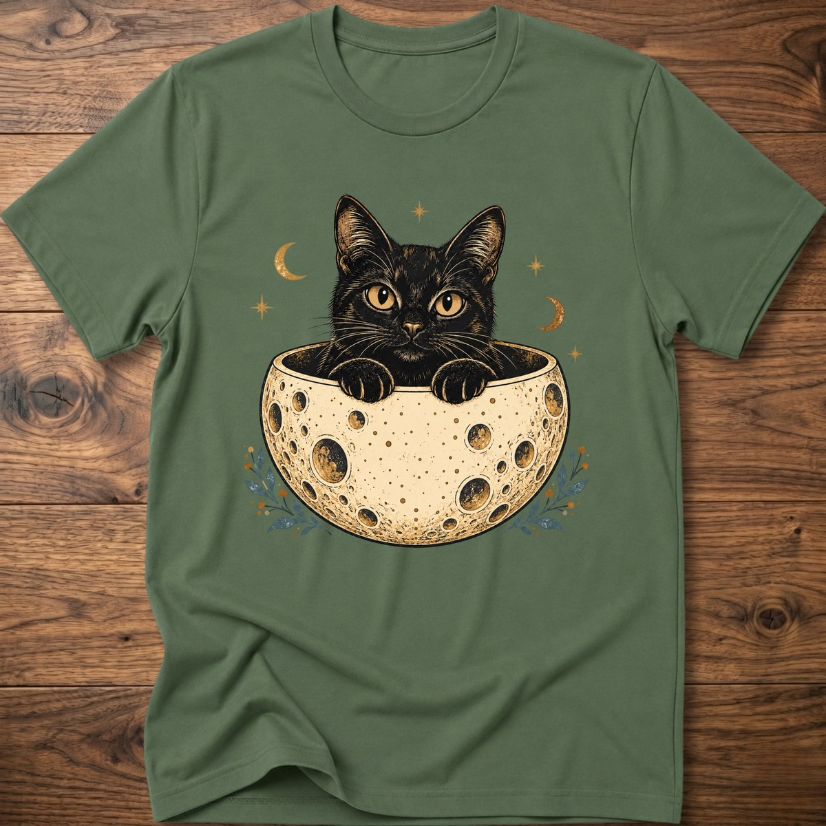 Forest green cat graphic t-shirt, crew neck short sleeve with cat peeking from moon bowl
