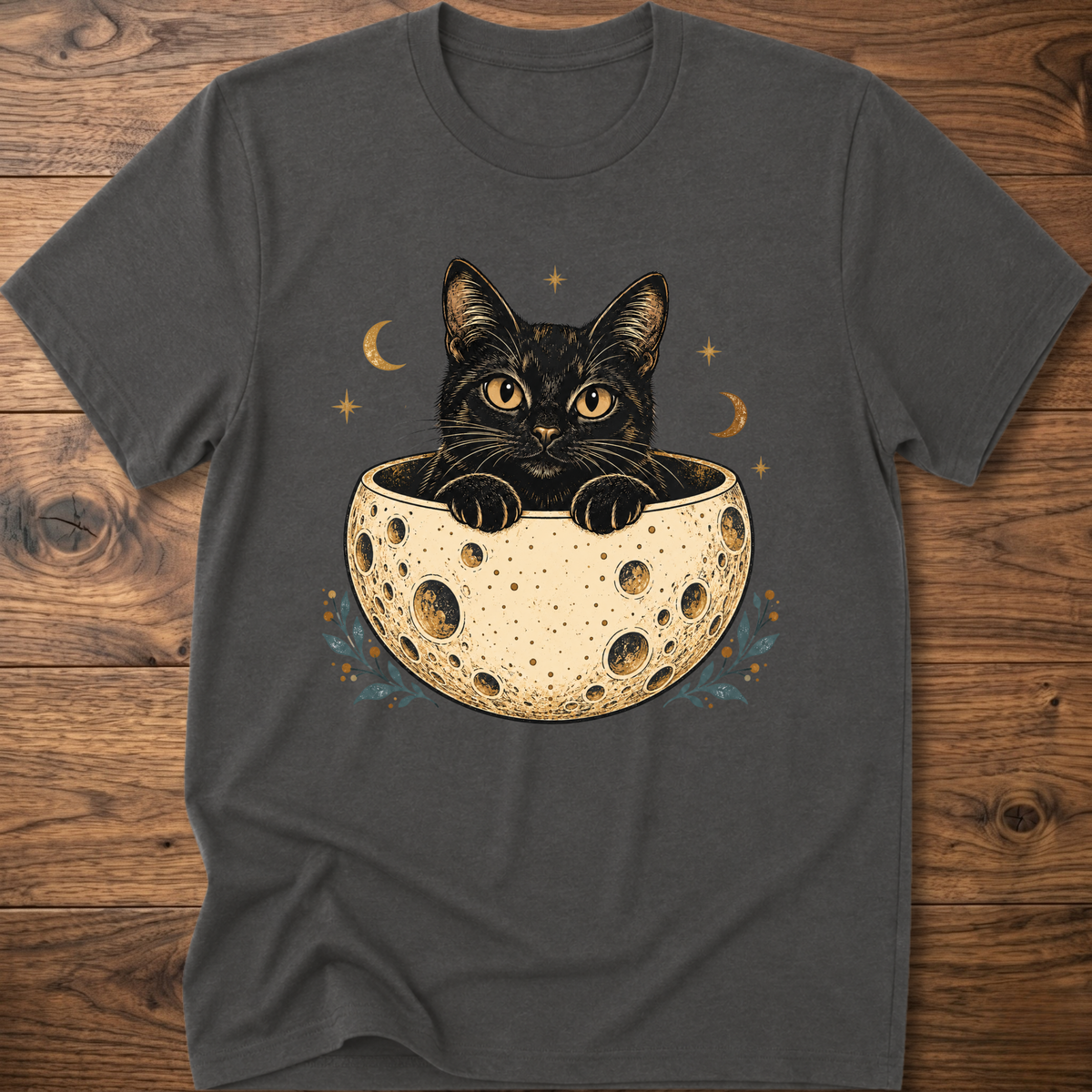 Dark gray cat graphic t-shirt, crew neck short sleeve with cat peeking from moon bowl