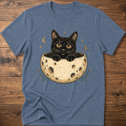 Heather blue cat graphic t-shirt, crew neck short sleeve with cat peeking from moon bowl