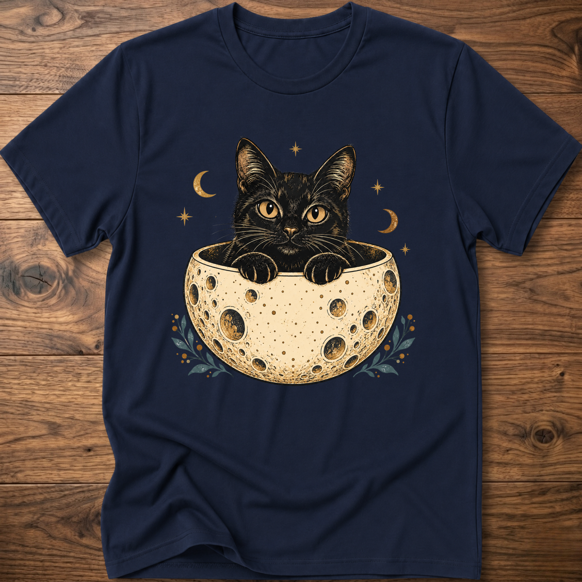 Navy cat graphic t-shirt, crew neck short sleeve with cat peeking from moon bowl