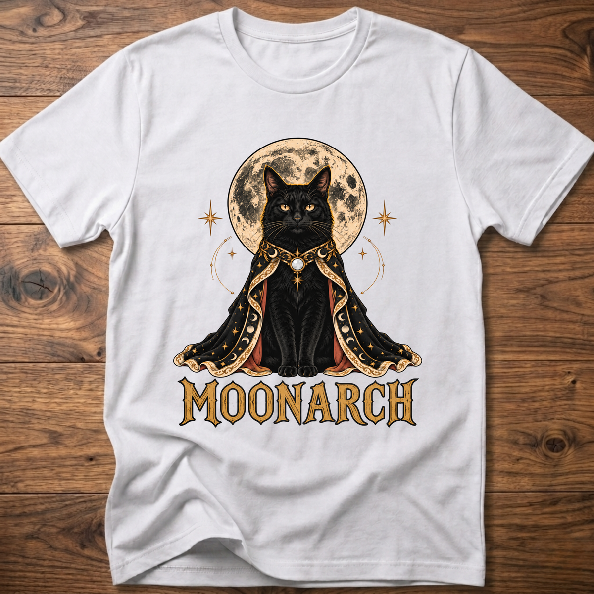 White cat graphic t-shirt with moon-themed cat and MOONARCH text on front